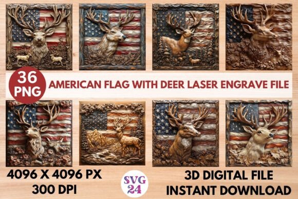 American Flag with Deer Laser Engrave Fi: 3D Design File