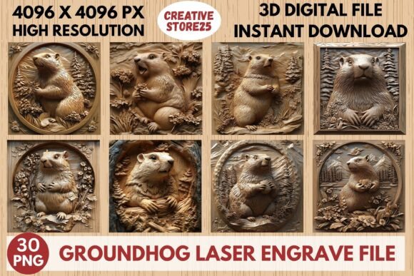 Groundhog Laser Engrave File: 3D PNG Set for Projects