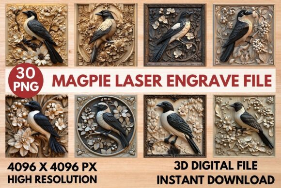Magpie Laser Engrave File: Stunning 3D Grayscale PNG