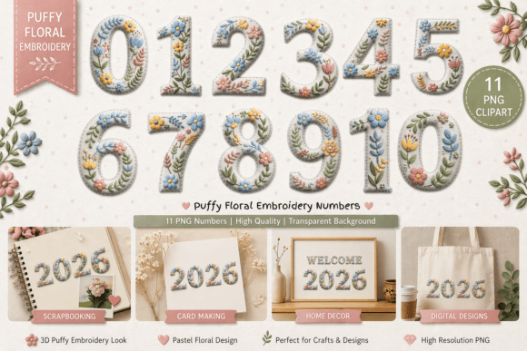 Puffy Floral Embroidery Numbers: 3D Textured Design Set
